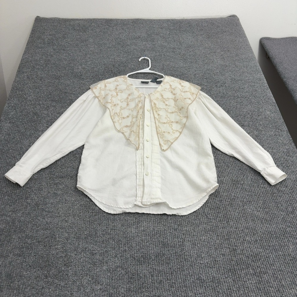 Vintage Lizwear Blouse Womens S White Linen Lace Embroidered Collar Boho Cottage